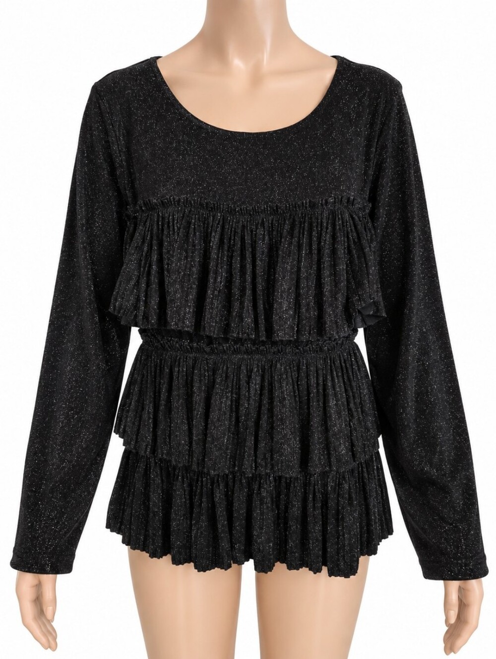 Black Sparkle Tiered Ruffle Long Sleeve Top